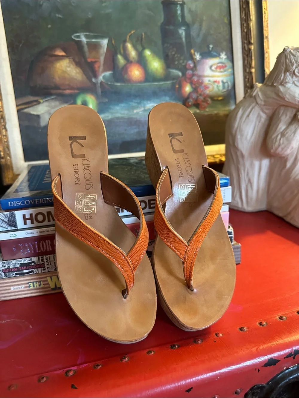 K.Jacques Orange Snake Cork Wedge Thong Sandals